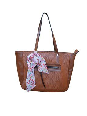 London Fog Faux Leather Brown Shoulder Bag Tote Purse Floral Scarf Bohemian